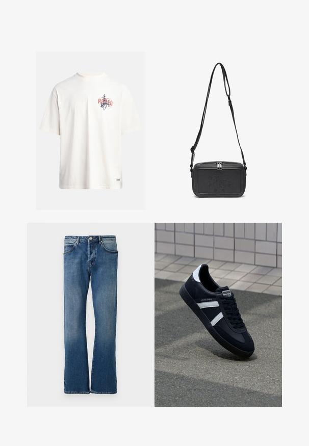 Kreminės spalvos medvilninė marškinė su trumptomis Rankovėmis ir apvaliu iškirpimu. Su grafiniu spausdinimu mėlynos ir raudonos spalvos su tekstu ir motyvu.; Šviesiai mėlyni džinsai su tiesiais kojų kirpimais, turintys penkias kišenes, mygtukinį užsegimą ir subtilų audinio nudilimą.; Juodas odinis sportinis batelis su baltais dryžiais, tekstūruota gumine padais ir raišteliais priekyje. Yra prekės ženklą žymintis etiketė ant liežuvio.; Juodas odinis per petį nešiojamas krepšys su užtrauktuku, iškilniu logotipu priekyje ir reguliuojama dirželiu. Lygus paviršius, stačiakampio formos.