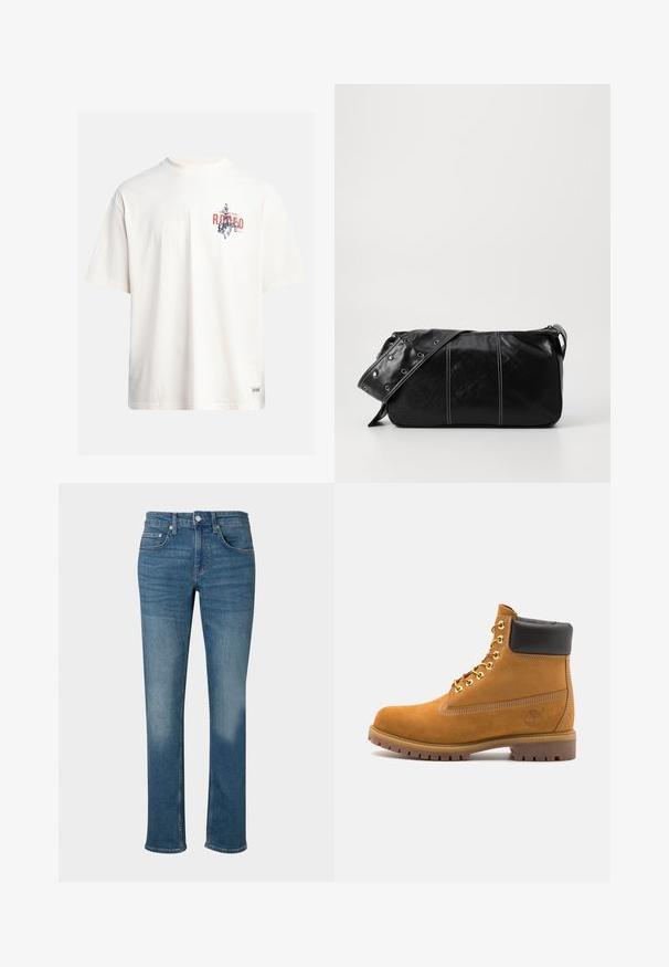 Tricou din bumbac crem, cu mâneci scurte și decolteu rotund. Prezintă un print grafic în nuanțe de albastru și roșu, cu text și un motiv.; Jeans din denim într-o nuanță medie de albastru, cu croială dreaptă, design standard cu cinci buzunare și închidere cu nasture metalic la talie.; Cizmă de gleznă din întoarsă de culoare bej, cu guler negru căptușit, ochiuri din metal auriu, detalii de cusătură albă și talpă din cauciuc robustă, cu un model pronunțat.; Geantă de umăr din piele neagră cu închidere cu fermoar, având un corp texturat, cusături albe și o curea cu ochiuri argintii.