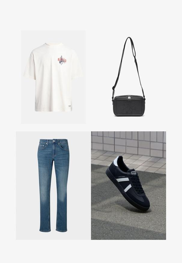 Kremowa bawełniana koszulka z krótkim rękawem i okrągłym dekoltem. Posiada graficzny nadruk w niebieskim i czerwonym kolorze z tekstem oraz motywem.; Dżinsy w średnim niebieskim odcieniu, o prostym kroju, standardowym pięciu kieszeniach oraz metalowym zapięciu na guzik w talii.; Czarne skórzane sneakersy z białymi paskami, teksturowana gumowa podeszwa i sznurowane z przodu. Posiadają metkę marki na języku.; Czarna skórzana torba na ramię z zamkiem błyskawicznym, wytłoczone logo na przodzie i regulowanym paskiem. Gładka tekstura w prostokątnym kształcie.