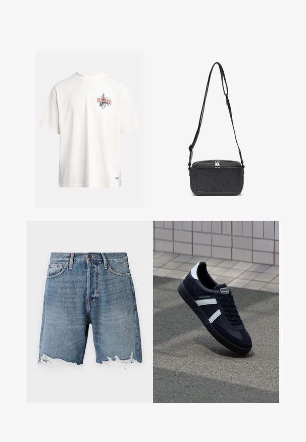 Cremfarbendes Baumwoll-T-Shirt mit kurzen Ärmeln und Rundhalsausschnitt. Verfügt über einen grafischen Druck in Blau und Rot mit Text und Motiv.; Helle blaue Denim-Shorts mit ausgefranstem Saum, Fünf-Taschen-Design und sichtbaren Nähten. Verfügt über einen Knopfverschluss an der Taille.; Schwarze Leder-Sneaker mit weißen Streifen, strukturiertem Gummisohle und Schnürung. Verfügt über ein Markenetikett auf der Zunge.; Schwarze Leder-Crossbody-Tasche mit einem Reißverschluss, geprägtem Logo auf der Vorderseite und verstellbarem Riemen. Glatte Textur mit rechteckiger Form.