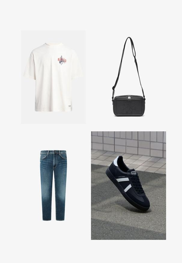 Kreemikollane puuvillane T-särk lühikeste varrukatega ja ümara kaelusega. Omab sinist ja punast graafilist trükist, millel on tekst ja motiiv.; Keskmise sinise pesu ja otse jala disainiga denim teksad, viie taskuga stiil ja kontrastne õmblus. Puhtalt lõpetatud äär.; Must have musta sneaker musta valgete triipudega, tekstuurne kummitald ja nööridega esiosa. Omab bränditud märki keele peal.; Musternast mustriga nahast ristiõlgadega kott, millel on tõmbluku sulgemine, esiküljel on sissepressitud logo ja reguleeritav rihm. Sile tekstuur ja ristkülikukujuline kuju.