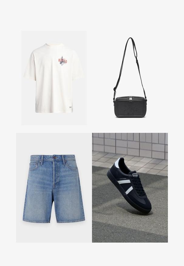 Kreemikollane puuvillane T-särk lühikeste varrukatega ja ümara kaelusega. Omab sinist ja punast graafilist trükist, millel on tekst ja motiiv.; Heled sinise denim šortsid, kõrge vöökoht, traditsiooniline viie tasku disain ning kontrastõmblused õmblustel.; Must have musta sneaker musta valgete triipudega, tekstuurne kummitald ja nööridega esiosa. Omab bränditud märki keele peal.; Musternast mustriga nahast ristiõlgadega kott, millel on tõmbluku sulgemine, esiküljel on sissepressitud logo ja reguleeritav rihm. Sile tekstuur ja ristkülikukujuline kuju.