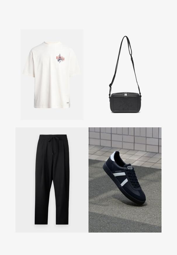 Cream cotton t-shirt with short sleeves and a crew neckline. Features a graphic print in blue and red with text and a motif.; Black, lightweight trousers with a relaxed fit. Features an elastic waistband with adjustable drawstring and side pockets. Smooth texture.; Black leather sneaker with white stripes, textured rubber sole, and lace-up front. Features a branded label on the tongue.; Black leather crossbody bag with a zip closure, embossed logo on the front, and adjustable strap. Smooth texture with a rectangular shape.