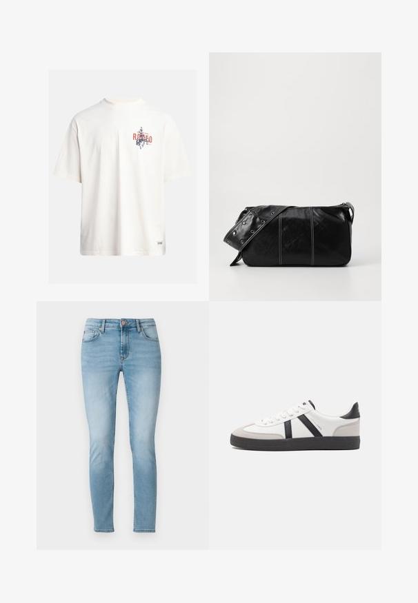 Cream cotton t-shirt with short sleeves and a crew neckline. Features a graphic print in blue and red with text and a motif.; Light blue skinny jeans made of denim, featuring a mid-rise waist, five pockets, and subtle fading on the thighs. Button closure at waistband.; White sneaker with black and gray accents, featuring a textured gray toe cap, black rubber sole, and flat white laces. Clean design, minimalist style.; Black leather shoulder bag with a zip closure, featuring a textured body, white stitching, and a strap with silver grommets.