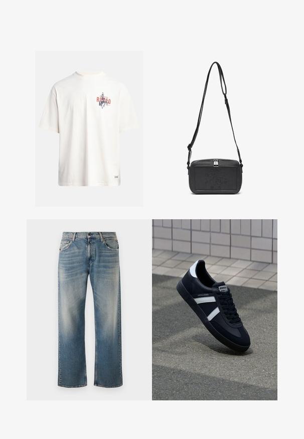 Kreminės spalvos medvilninė marškinė su trumptomis Rankovėmis ir apvaliu iškirpimu. Su grafiniu spausdinimu mėlynos ir raudonos spalvos su tekstu ir motyvu.; Mėlynos džinsinės kelnės su laisvu siluetu ir tiesiomis kojomis. Pasižymi šviesesnio skalbimo akcentais ir klasikinėmis penkių kišenių detalėmis su siuvinėtu ornamentu.; Juodas odinis sportinis batelis su baltais dryžiais, tekstūruota gumine padais ir raišteliais priekyje. Yra prekės ženklą žymintis etiketė ant liežuvio.; Juodas odinis per petį nešiojamas krepšys su užtrauktuku, iškilniu logotipu priekyje ir reguliuojama dirželiu. Lygus paviršius, stačiakampio formos.