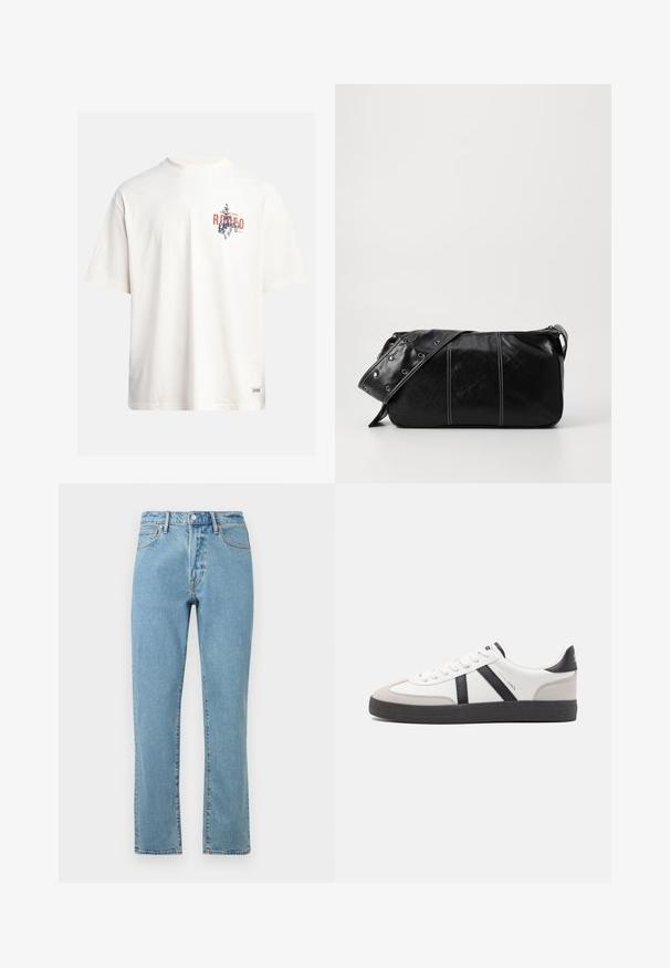 Krémové bavlnené tričko s krátkymi rukávmi a okrúhlym výstrihom. Obsahuje grafický potlač v modrej a červenej farbe s textom a motívom.; Svetlomodré džíny s rovným strihom, s oranžovým šitím, zapínaním na gombík a klasickým dizajnom s piatimi vreckami.; Biele tenisky s čiernymi a šedými akcentmi, s textúrovanou šedou špičkou, čiernou gumovou podrážkou a plochými bielymi šnúrkami. Čistý dizajn, minimalistický štýl.; Čierna kožená kabelka cez plece so zipsovým uzáverom, so štruktúrovaným telom, bielym prešívaním a popruhom so striebornými očkami.