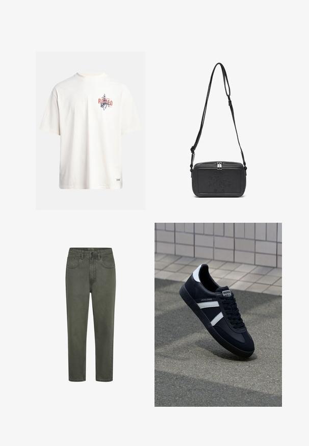 T-shirt en coton crème à manches courtes et col rond. Présente un imprimé graphique en bleu et rouge avec du texte et un motif.; Chinos en coton vert avec une silhouette droite, dotés de passants de ceinture, de poches avant et d'une fermeture à bouton. Texture lisse avec des coutures minimales.; Sneaker en cuir noir avec des rayures blanches, semelle en caoutchouc texturée et devant à lacets. Présente une étiquette de marque sur la languette.; Sac bandoulière en cuir noir avec une fermeture éclair, logo embossé à l'avant et une sangle réglable. Texture lisse avec une forme rectangulaire.
