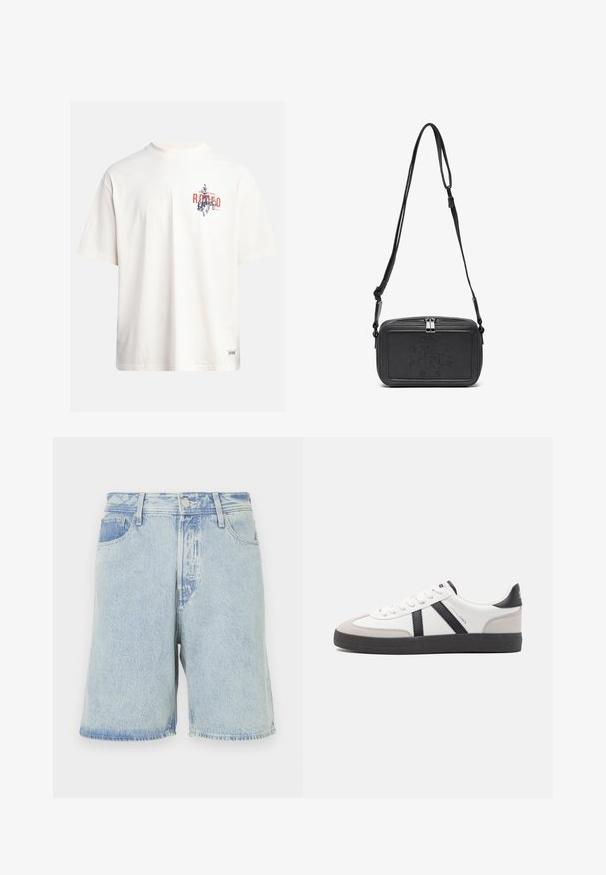 Krémové bavlnené tričko s krátkymi rukávmi a okrúhlym výstrihom. Obsahuje grafický potlač v modrej a červenej farbe s textom a motívom.; Svetlo modré džínsové šortky so voľným strihom, s piatimi vreckami, predným zapínaním na gombík a strapcovým okrajom.; Biele tenisky s čiernymi a šedými akcentmi, s textúrovanou šedou špičkou, čiernou gumovou podrážkou a plochými bielymi šnúrkami. Čistý dizajn, minimalistický štýl.; Čierna kožená crossbody taška so zipsom, s embosovaným logom na prednej strane a nastaviteľným popruhom. Hladká textura a obdlžníkový tvar.