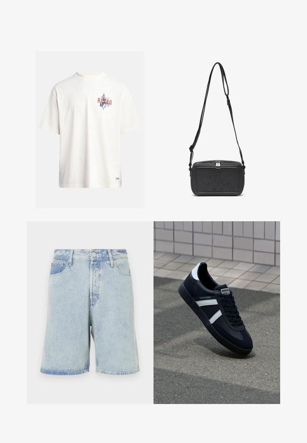 Kreminės spalvos medvilninė marškinė su trumptomis Rankovėmis ir apvaliu iškirpimu. Su grafiniu spausdinimu mėlynos ir raudonos spalvos su tekstu ir motyvu.; Šviesiai mėlyni džinsiniai šortai su laisvu siluetu, turintys penkių kišenių dizainą, priekinį mygtuko užsegimą ir nutrintus kraštus.; Juodas odinis sportinis batelis su baltais dryžiais, tekstūruota gumine padais ir raišteliais priekyje. Yra prekės ženklą žymintis etiketė ant liežuvio.; Juodas odinis per petį nešiojamas krepšys su užtrauktuku, iškilniu logotipu priekyje ir reguliuojama dirželiu. Lygus paviršius, stačiakampio formos.