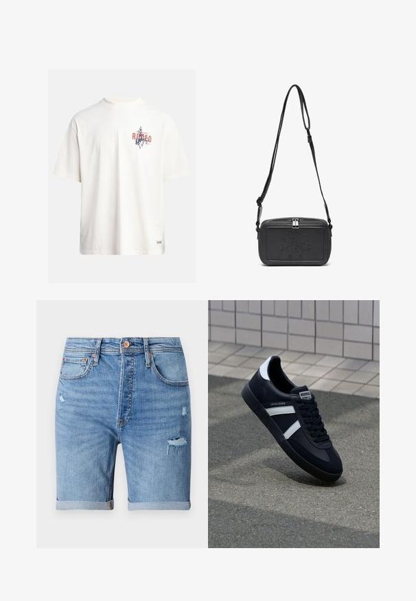 Kreminės spalvos medvilninė marškinė su trumptomis Rankovėmis ir apvaliu iškirpimu. Su grafiniu spausdinimu mėlynos ir raudonos spalvos su tekstu ir motyvu.; Šviesiai mėlyni džinsinio audinio šortai su nusidėvėjimo detalėmis, apvyniotais kraštais, penkiomis kišenėmis ir mygtuko uždarymu. Pagaminti iš minkštos, kvėpuojančios medžiagos.; Juodas odinis sportinis batelis su baltais dryžiais, tekstūruota gumine padais ir raišteliais priekyje. Yra prekės ženklą žymintis etiketė ant liežuvio.; Juodas odinis per petį nešiojamas krepšys su užtrauktuku, iškilniu logotipu priekyje ir reguliuojama dirželiu. Lygus paviršius, stačiakampio formos.