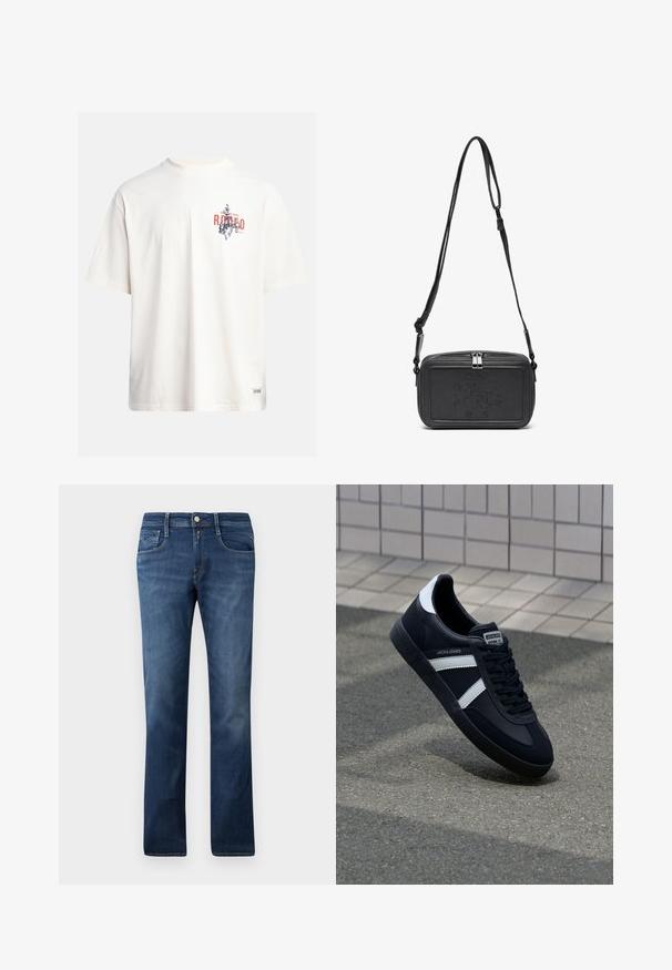 Krämfärgad bomullst-shirt med korta ärmar och rundad halsringning. Har ett grafiskt tryck i blått och rött med text och ett motiv.; Blå denim jeans med en rak bendesign, som har framfickor, dragkedja och knappstängning. Medium tvätt med subtil blekning.; Svart lädersneaker med vita ränder, texturerad gummisul, och snörning fram. Har en märkesskylt på tungan.; Svart läder crossbody-väska med dragkedjestängning, präglad logga på framsidan och justerbar rem. Slät textur med rektangulär form.