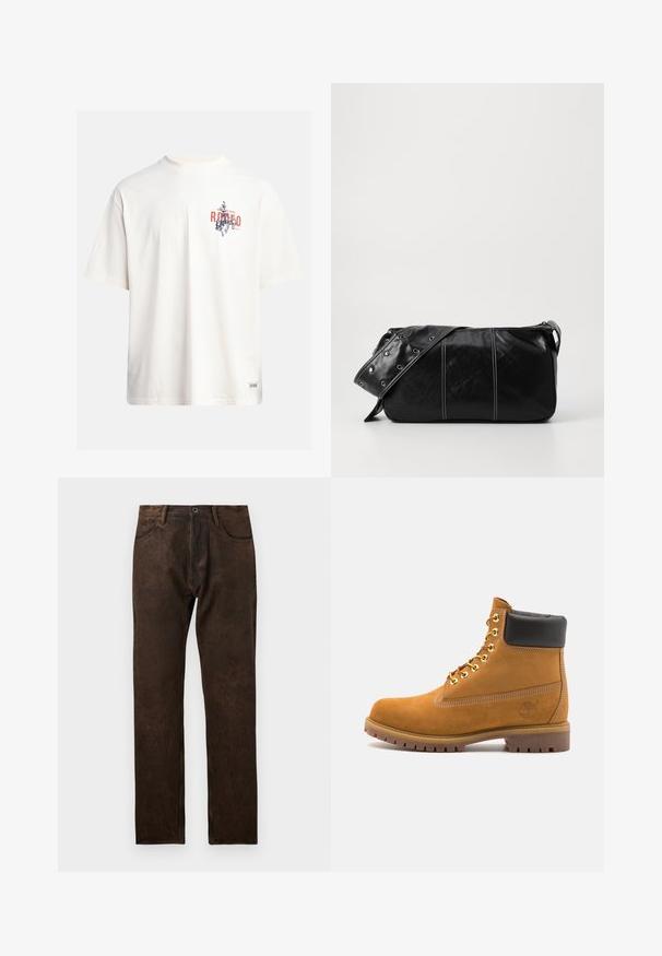 Kreemikollane puuvillane T-särk lühikeste varrukatega ja ümara kaelusega. Omab sinist ja punast graafilist trükist, millel on tekst ja motiiv.; Pruun denimist teksad, millel on veidi kulunud tekstuur, sirge säärte disain, viis taskut ja nööp sulgemiseks taljes.; Küpset tan suede sääreboot musta pehmea kraega, kuldsed metallist silmad, valge õmblemise detailid ja robustne kummist tallaga, millel on väljendunud mustrid.; Must mustra nahkainine õlakott, millel on tõmblukk, tekstureeritud pind, valged õmblused ja rihm hõbedaste rõngastega.