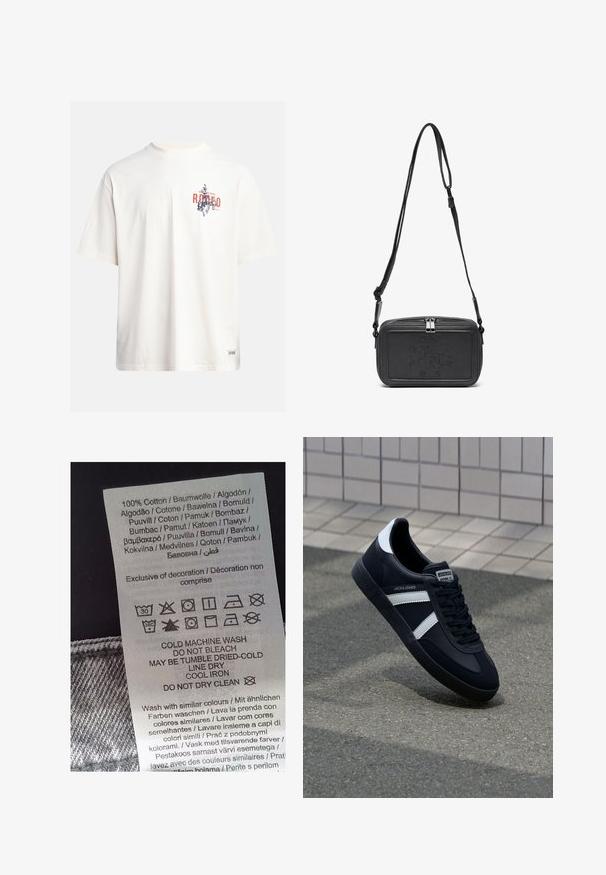 Cream cotton t-shirt with short sleeves and a crew neckline. Features a graphic print in blue and red with text and a motif.; White care label with black text listing care instructions in multiple languages. Features symbols for washing, drying, and ironing. 100% cotton.; Black leather sneaker with white stripes, textured rubber sole, and lace-up front. Features a branded label on the tongue.; Black leather crossbody bag with a zip closure, embossed logo on the front, and adjustable strap. Smooth texture with a rectangular shape.