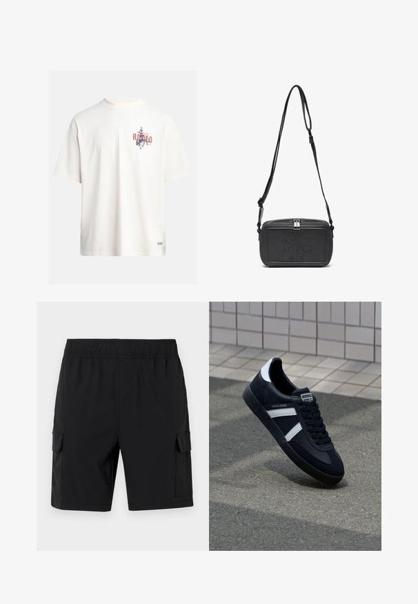 Kreminės spalvos medvilninė marškinė su trumptomis Rankovėmis ir apvaliu iškirpimu. Su grafiniu spausdinimu mėlynos ir raudonos spalvos su tekstu ir motyvu.; Juodos krovinių šortai su elastingu liemeniu, turintys dvi šonines kišenes ir lygų, lengvą audinį. Paprastas dizainas, be raštų ar akcentų.; Juodas odinis sportinis batelis su baltais dryžiais, tekstūruota gumine padais ir raišteliais priekyje. Yra prekės ženklą žymintis etiketė ant liežuvio.; Juodas odinis per petį nešiojamas krepšys su užtrauktuku, iškilniu logotipu priekyje ir reguliuojama dirželiu. Lygus paviršius, stačiakampio formos.