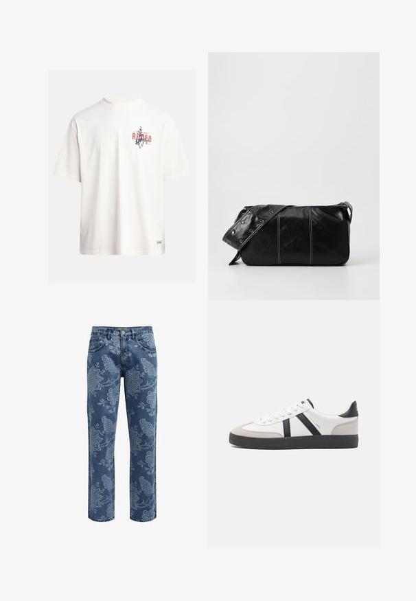 Kremasta pamukasta majica s kratkim rukavima i okruglim izrezom. Ima grafički ispis u plavoj i crvenoj boji s tekstom i motivom.; Traperice s plavim cvjetnim uzorkom. Izravni kroj, srednje pranje, pet džepova, zatvaranje na dugme i patentni zatvarač te petlje za remen.; Bijele tenisice s crnim i sivim detaljima, s teksturiranim sivim zaštitnikom prstiju, crnim gumene potplate i ravnim bijelim vezicama. Čist dizajn, minimalistički stil.; Crna kožna torba preko ramena s zatvaranjem na patentni zatvarač, s teksturiranim tijelom, bijelim šavovima i remenom sa srebrnim okovima.