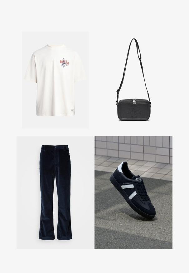 Krém színű, pamut póló rövid ujjakkal és kerek nyakú kivágással. Kék és piros grafikával, szöveggel és motívummal díszített.; Sötétkék kordbársony nadrág egyenes szárú szabással, függőleges bordázattal, gombos záródással és elülső zsebekkel.; Fekete bőr sportcipő fehér csíkokkal, textúrált gumitalppal és fűzős elejével. A nyelvén márkás címke található.; Fekete bőrből készült keresztbe hordható táska cipzáras záródással, dombornyomott logóval az elején és állítható pánttal. Simább textúrájú, téglalap alakú.