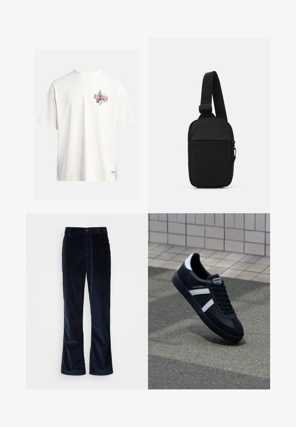 Camiseta de algodón crema con mangas cortas y cuello redondo. Presenta un estampado gráfico en azul y rojo con texto y un motivo.; Pantalones de pana azul marino con un diseño de pierna recta, que presentan acanaladuras verticales, cierre de botón y bolsillos frontales.; Zapatilla de cuero negra con rayas blancas, suela de goma texturizada y parte frontal con cordones. Cuenta con una etiqueta de marca en la lengüeta.; Bolso cruzado negro fabricado en tejido duradero, con una sola correa ajustable, un compartimento principal con cremallera y un bolsillo delantero.