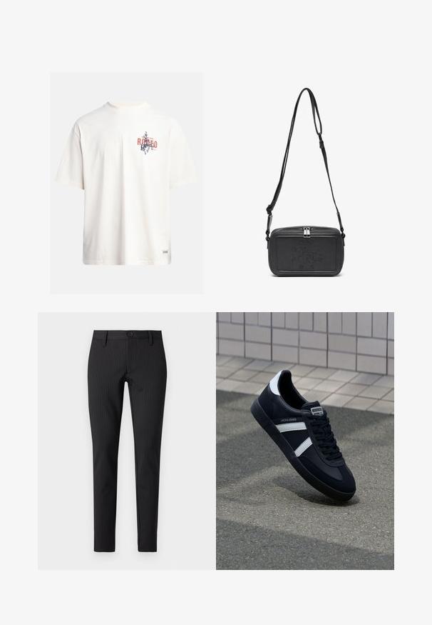 Cream cotton t-shirt with short sleeves and a crew neckline. Features a graphic print in blue and red with text and a motif.; Black pinstripe trousers with a flat front, slim fit, featuring a button closure and belt loops, made from a smooth textile material.; Black leather sneaker with white stripes, textured rubber sole, and lace-up front. Features a branded label on the tongue.; Black leather crossbody bag with a zip closure, embossed logo on the front, and adjustable strap. Smooth texture with a rectangular shape.