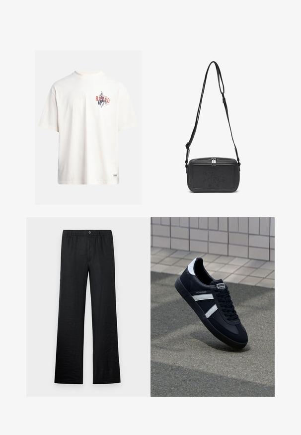 Cream cotton t-shirt with short sleeves and a crew neckline. Features a graphic print in blue and red with text and a motif.; Black linen trousers with a relaxed fit, featuring an elasticated waist and button detail, showcasing a smooth texture and wide-leg design.; Black leather sneaker with white stripes, textured rubber sole, and lace-up front. Features a branded label on the tongue.; Black leather crossbody bag with a zip closure, embossed logo on the front, and adjustable strap. Smooth texture with a rectangular shape.