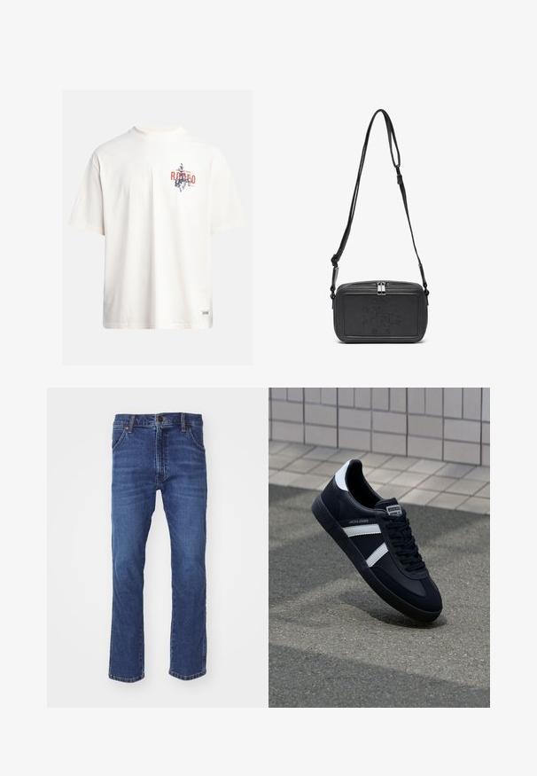 Kremasta pamukasta majica s kratkim rukavima i okruglim izrezom. Ima grafički ispis u plavoj i crvenoj boji s tekstom i motivom.; Traperice u tamnoplavoj boji, s redovitim krojem, ravnim nogavicama, dizajnom s pet džepova i standardnim pojasom s prednjim zatvaračem na gumb.; Crne kožne tenisice s bijelim prugama, strukturirana gumena potplate i vezanjem sprijeda. Ima oznaku brenda na jeziku.; Crna kožna torbica preko tijela s patentnim zatvaračem, ugraviranim logotipom sprijeda i podesivim remenom. Glatka tekstura s pravokutnim oblikom.