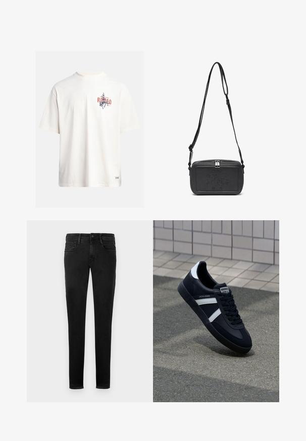 Kremfarget bomulls T-skjorte med korte ermer og rund hals. Har et grafisk trykk i blått og rødt med tekst og et motiv.; Svarte denimjeans, smal passform, fem lommer, synlige sømmer, frontknapp og minimalistisk merkevaredetalj på baklommen.; Sorte lærersneaker med hvite striper, teksturert gummihæl og snøring foran. Har et merketikett på tungen.; Svart skinn crossover-veske med glidelås, preget logo på fronten og justerbar stropp. Glatt tekstur med rektangulær form.