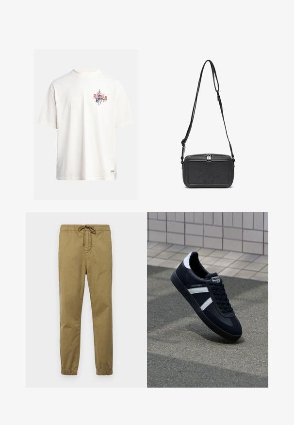 Kremasta pamukasta majica s kratkim rukavima i okruglim izrezom. Ima grafički ispis u plavoj i crvenoj boji s tekstom i motivom.; Svijetlo bež trenirke s elastičnim pojasom, podesivom špagom, suženim nogavicama i elastičnim manžetama. Glatka, prozračna tkanina.; Crne kožne tenisice s bijelim prugama, strukturirana gumena potplate i vezanjem sprijeda. Ima oznaku brenda na jeziku.; Crna kožna torbica preko tijela s patentnim zatvaračem, ugraviranim logotipom sprijeda i podesivim remenom. Glatka tekstura s pravokutnim oblikom.
