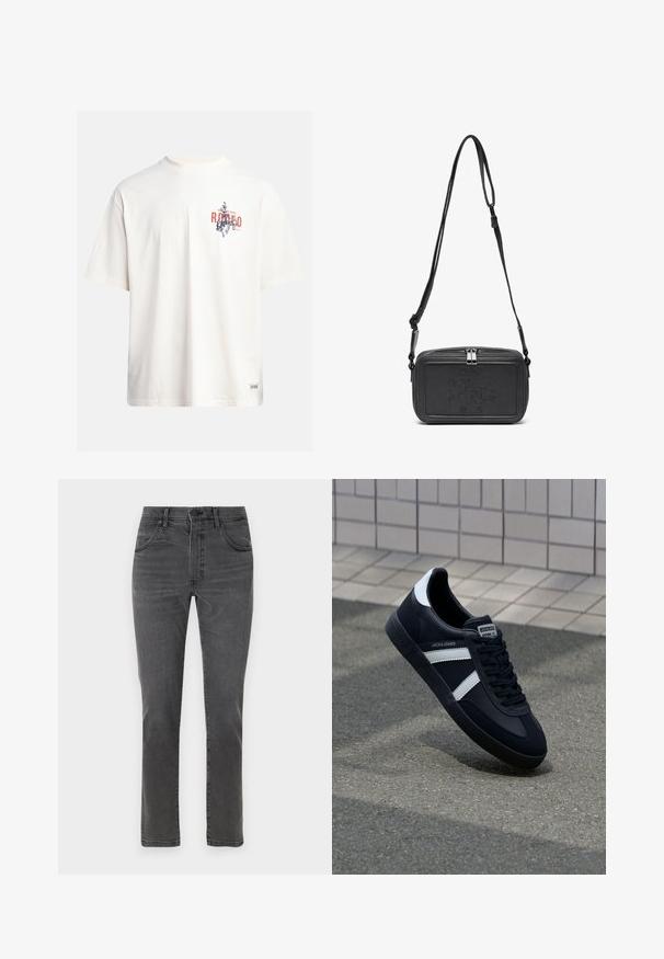 Krémové bavlněné tričko s krátkými rukávy a kulatým výstřihem. Obsahuje grafický potisk v modré a červené barvě s textem a motivem.; Šedé džíny z denimu se rovnými nohavicemi, pěti kapsami a předním zipem. Obsahují jemné vyšisování a kontrastní prošívání.; Černé kožené tenisky s bílými pruhy, texturovanou gumovou podrážkou a šněrováním vpředu. Obsahují značenou etiketu na jazyku.; Černá kožená taška přes rameno s uzávěrem na zip, vyraženým logem na přední straně a nastavitelným popruhem. Hladký povrch s obdélníkovým tvarem.