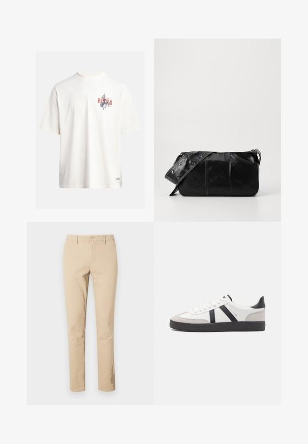 T-shirt in cotone crema con maniche corte e scollatura a girocollo. Presenta una stampa grafica in blu e rosso con testo e un motivo.; Pantaloni in cotone beige con vestibilità classica, chiusura con zip e bottone, passanti per cintura e orli puliti. Nessun motivo o dettaglio visibile.; Sneaker bianco con accenti neri e grigi, dotata di una punta grigia testurizzata, suola in gomma nera e lacci bianchi piatti. Design pulito, stile minimalista.; Borsa a spalla in pelle nera con chiusura a zip, caratterizzata da un corpo testurizzato, cuciture bianche e una tracolla con occhielli in argento.