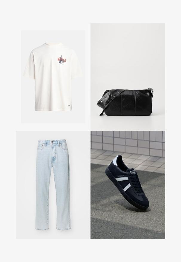 Krémové bavlnené tričko s krátkymi rukávmi a okrúhlym výstrihom. Obsahuje grafický potlač v modrej a červenej farbe s textom a motívom.; Svetlomodré rovné džínsy vyrobené z denimu, ktoré majú päť vreciek, zips s gombíkovým zapínaním a jemné vyblednutie na látke.; Čierne kožené tenisky s bielymi pruhmi, textúrovanou gumovou podrážkou a šnurovaním vpredu. Obsahujú označenie značky na jazyku.; Čierna kožená kabelka cez plece so zipsovým uzáverom, so štruktúrovaným telom, bielym prešívaním a popruhom so striebornými očkami.