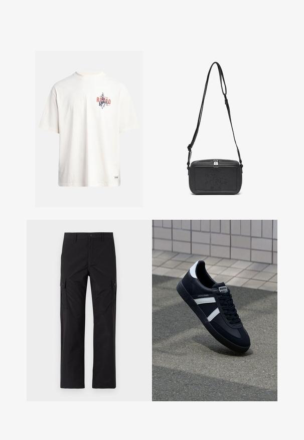 Kremasta pamukasta majica s kratkim rukavima i okruglim izrezom. Ima grafički ispis u plavoj i crvenoj boji s tekstom i motivom.; Jack & Jones JPSTKARL KURTIS SNAP TECH - Cargo hlače - black; Crne kožne tenisice s bijelim prugama, strukturirana gumena potplate i vezanjem sprijeda. Ima oznaku brenda na jeziku.; Crna kožna torbica preko tijela s patentnim zatvaračem, ugraviranim logotipom sprijeda i podesivim remenom. Glatka tekstura s pravokutnim oblikom.