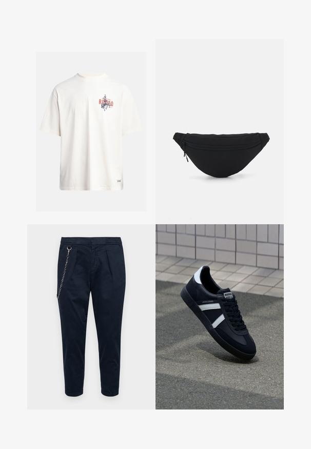 Crème katoenen t-shirt met korte mouwen en een ronde hals. Kenmerkt een grafische print in blauw en rood met tekst en een motief.; Redefined Rebel LEE CROPPED - Broek - sky captain; Zwarte leren sneaker met witte strepen, een gestructureerde rubberen zool en vetersluiting aan de voorkant. Voorzien van een merklabel op de tong.; Zwarte stof heuptas met een afgeronde vorm, voorzak met rits en een gladde textuur. Geen zichtbare patronen of accenten. Lichtgewicht ontwerp.