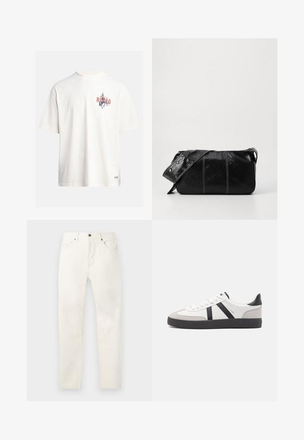 Kremasta pamukasta majica s kratkim rukavima i okruglim izrezom. Ima grafički ispis u plavoj i crvenoj boji s tekstom i motivom.; Bijele traperice ravnog kroja, sa pet džepova, zatvaranjem na dugme i suptilnim detaljem šivanja blizu struka.; Bijele tenisice s crnim i sivim detaljima, s teksturiranim sivim zaštitnikom prstiju, crnim gumene potplate i ravnim bijelim vezicama. Čist dizajn, minimalistički stil.; Crna kožna torba preko ramena s zatvaranjem na patentni zatvarač, s teksturiranim tijelom, bijelim šavovima i remenom sa srebrnim okovima.