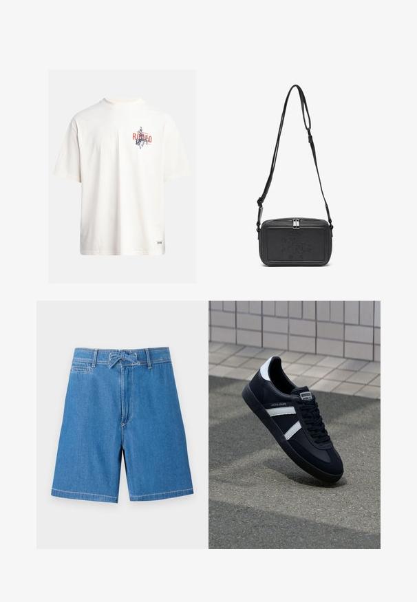 Kremasta pamukasta majica s kratkim rukavima i okruglim izrezom. Ima grafički ispis u plavoj i crvenoj boji s tekstom i motivom.; Traperice kratke hlače svijetloplave boje s pojasom na vezanje, prednjim džepovima i kontrastnim šavovima. Klasičan dizajn, dužina do koljena.; Crne kožne tenisice s bijelim prugama, strukturirana gumena potplate i vezanjem sprijeda. Ima oznaku brenda na jeziku.; Crna kožna torbica preko tijela s patentnim zatvaračem, ugraviranim logotipom sprijeda i podesivim remenom. Glatka tekstura s pravokutnim oblikom.