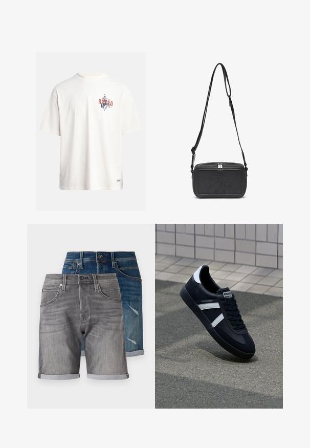 Cream cotton t-shirt with short sleeves and a crew neckline. Features a graphic print in blue and red with text and a motif.; Denim shorts in dark blue and grey. Features include rolled hems, pockets, and a faded texture on the blue pair with distressed detailing.; Black leather sneaker with white stripes, textured rubber sole, and lace-up front. Features a branded label on the tongue.; Black leather crossbody bag with a zip closure, embossed logo on the front, and adjustable strap. Smooth texture with a rectangular shape.