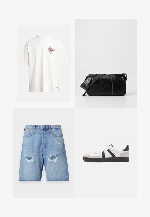 Cream cotton t-shirt with short sleeves and a crew neckline. Features a graphic print in blue and red with text and a motif.; Light blue denim shorts with a relaxed fit, featuring two larger distressed areas and subtle whiskering on the fabric.; White sneaker with black and gray accents, featuring a textured gray toe cap, black rubber sole, and flat white laces. Clean design, minimalist style.; Black leather shoulder bag with a zip closure, featuring a textured body, white stitching, and a strap with silver grommets.