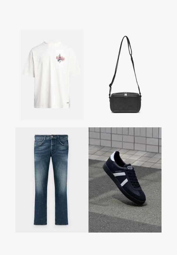 Krémové bavlněné tričko s krátkými rukávy a kulatým výstřihem. Obsahuje grafický potisk v modré a červené barvě s textem a motivem.; Džínové kalhoty v tmavě modré barvě s vybledlým efektem. Obsahují klasický design s pěti kapsami, rovný střih a červený akcentní knoflík.; Černé kožené tenisky s bílými pruhy, texturovanou gumovou podrážkou a šněrováním vpředu. Obsahují značenou etiketu na jazyku.; Černá kožená taška přes rameno s uzávěrem na zip, vyraženým logem na přední straně a nastavitelným popruhem. Hladký povrch s obdélníkovým tvarem.