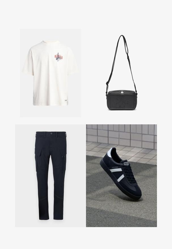 Kreemikollane puuvillane T-särk lühikeste varrukatega ja ümara kaelusega. Omab sinist ja punast graafilist trükist, millel on tekst ja motiiv.; Tumedast tumesinise kangaga cargo-püksid, millel on mitu taskut, sealhulgas külje-cargo taskud ja nähtavad õmbluse detailid. Kitsas lõige.; Must have musta sneaker musta valgete triipudega, tekstuurne kummitald ja nööridega esiosa. Omab bränditud märki keele peal.; Musternast mustriga nahast ristiõlgadega kott, millel on tõmbluku sulgemine, esiküljel on sissepressitud logo ja reguleeritav rihm. Sile tekstuur ja ristkülikukujuline kuju.