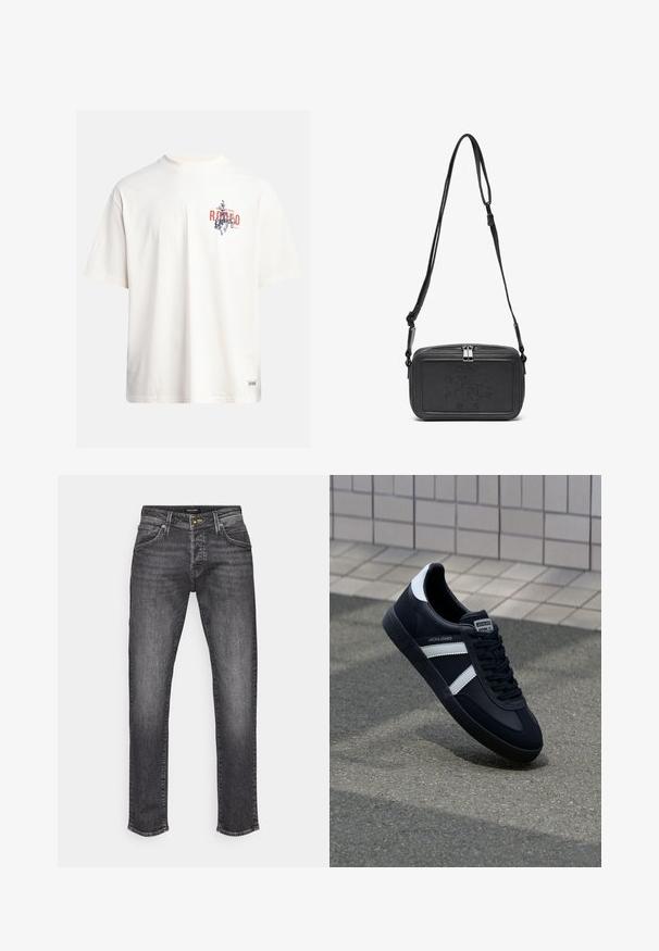 Cream cotton t-shirt with short sleeves and a crew neckline. Features a graphic print in blue and red with text and a motif.; Dark gray denim jeans with a straight cut, featuring a classic five-pocket design and a subtle fade. Metal button and zipper closure.; Black leather sneaker with white stripes, textured rubber sole, and lace-up front. Features a branded label on the tongue.; Black leather crossbody bag with a zip closure, embossed logo on the front, and adjustable strap. Smooth texture with a rectangular shape.