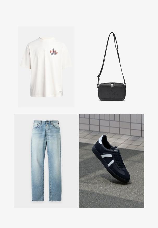 Cream cotton t-shirt with short sleeves and a crew neckline. Features a graphic print in blue and red with text and a motif.; Light blue denim jeans with a straight leg design, featuring a classic five-pocket layout and button fly closure. Faded texture throughout.; Black leather sneaker with white stripes, textured rubber sole, and lace-up front. Features a branded label on the tongue.; Black leather crossbody bag with a zip closure, embossed logo on the front, and adjustable strap. Smooth texture with a rectangular shape.