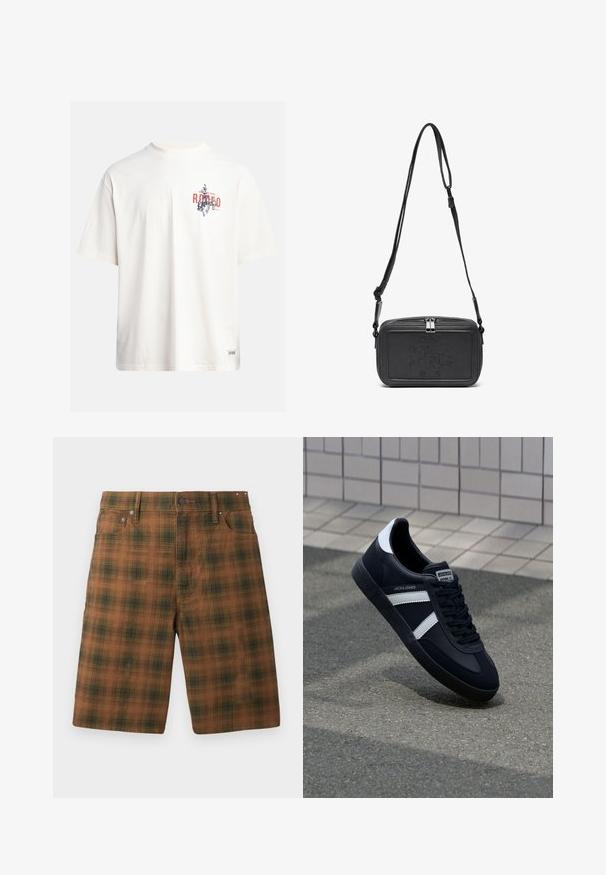 Cremefarvet bomulds t-shirt med korte ærmer og rund halsudskæring. Har et grafisk print i blåt og rødt med tekst og motiv.; Brune ternede shorts med et struktureret mønster, der har en klassisk pasform, fem lommer og metalbeslag i taljen.; Sort lædersneaker med hvide striber, tekstureret gummisål og snørrebånd foran. Har et brandet mærke på tungen.; Sort læder crossover taske med lynlåslukning, præget logo på fronten og justerbar rem. Glat tekstur med rektangulær form.