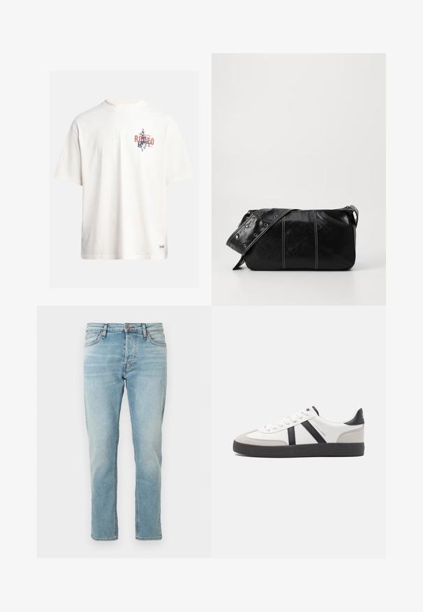 Kremasta pamukasta majica s kratkim rukavima i okruglim izrezom. Ima grafički ispis u plavoj i crvenoj boji s tekstom i motivom.; Svijetloplave traperice s ravnim krojem, dizajn s pet džepova i suptilno izbljeđivanje. Pritvrđivanje dugmetom na struku, čisti završeci na rubovima.; Bijele tenisice s crnim i sivim detaljima, s teksturiranim sivim zaštitnikom prstiju, crnim gumene potplate i ravnim bijelim vezicama. Čist dizajn, minimalistički stil.; Crna kožna torba preko ramena s zatvaranjem na patentni zatvarač, s teksturiranim tijelom, bijelim šavovima i remenom sa srebrnim okovima.