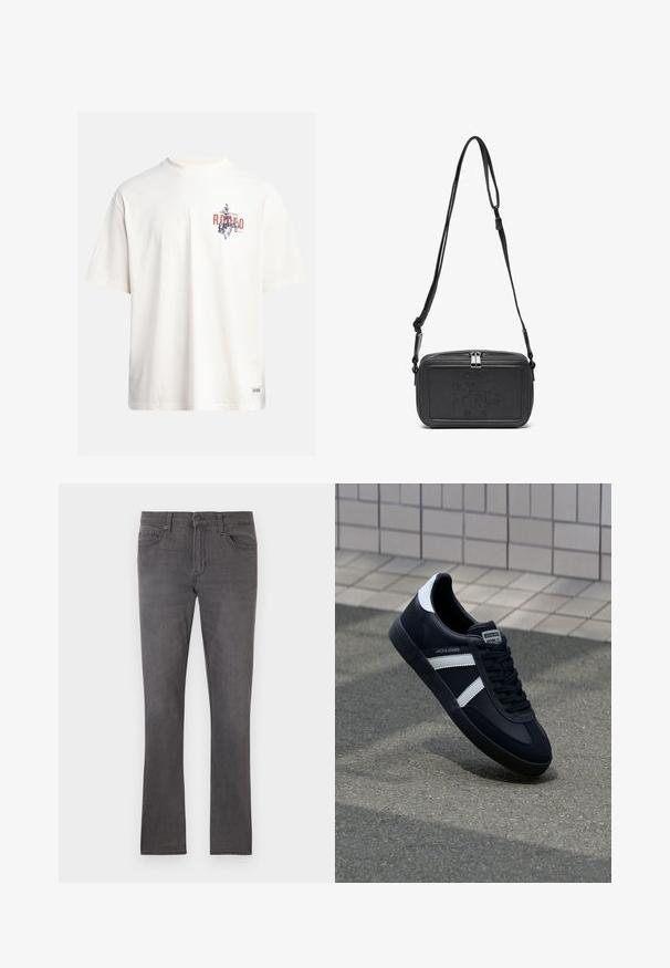 Kremna bombažna majica s kratkimi rokavi in okroglim izrezom. Ima grafični tisk v modri in rdeči barvi z besedilom in motivom.; Moške sivo slim-fit kavbojke z sprednjimi žepi, obročki za pas in gumbom za zapiranje na belem ozadju.; Črne usnjene superge z belimi črtami, teksturiran gumijast podplat in zavezovanje spredaj. Imajo označeno oznako na ježku.; Črna usnjena torbica čez ramo z zadrgo, embosirano logotipom spredaj in nastavljivim pasom. Gladka površina z pravokotno obliko.