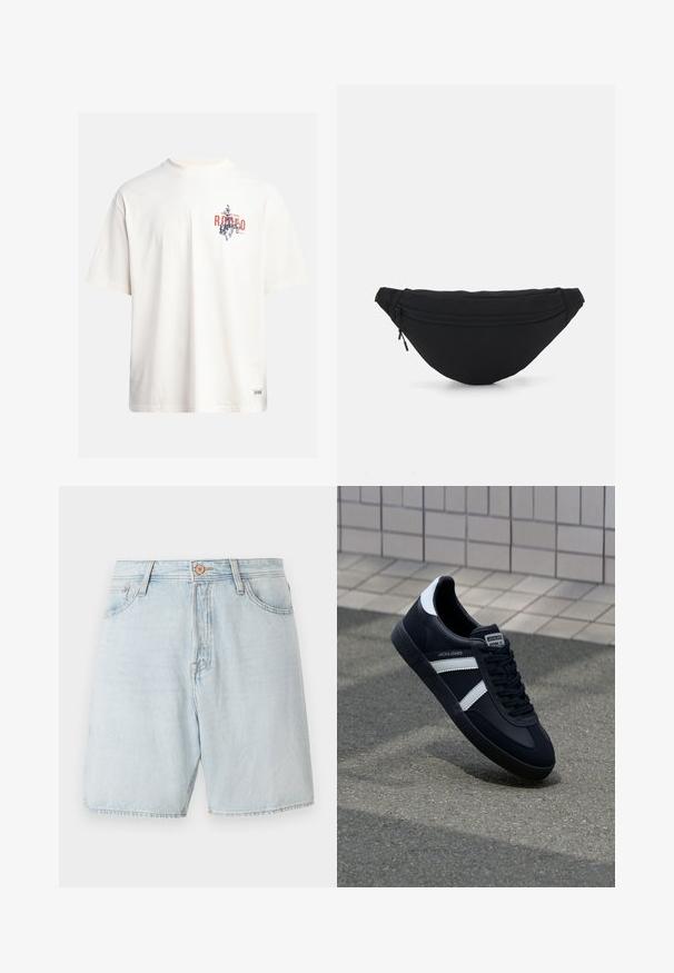 Crème katoenen t-shirt met korte mouwen en een ronde hals. Kenmerkt een grafische print in blauw en rood met tekst en een motief.; Lichtblauwe denim shorts met een hoge taille, vijf zakken en contrasterende stiksels. Beschikt over een klassieke knoop- en ritssluiting.; Zwarte leren sneaker met witte strepen, een gestructureerde rubberen zool en vetersluiting aan de voorkant. Voorzien van een merklabel op de tong.; Zwarte stof heuptas met een afgeronde vorm, voorzak met rits en een gladde textuur. Geen zichtbare patronen of accenten. Lichtgewicht ontwerp.