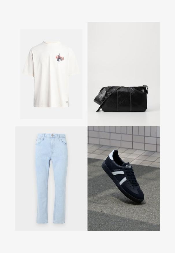 Krämfärgad bomullst-shirt med korta ärmar och rundad halsringning. Har ett grafiskt tryck i blått och rött med text och ett motiv.; Ljusblå denimjeans med raka ben, fem fickor, blekt utseende och metallknappsstängning i midjan.; Svart lädersneaker med vita ränder, texturerad gummisul, och snörning fram. Har en märkesskylt på tungan.; Svart läder axelväska med dragkedjestängning, som har en texturerad yta, vit sömnad och ett bälte med silveröglor.