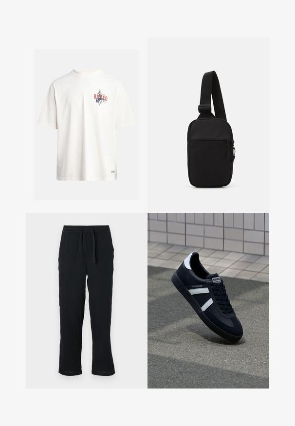 Cream cotton t-shirt with short sleeves and a crew neckline. Features a graphic print in blue and red with text and a motif.; Black, lightweight, elastic waistband pants with a relaxed fit and textured fabric. Straight legs with a slightly tapered cuff.; Black leather sneaker with white stripes, textured rubber sole, and lace-up front. Features a branded label on the tongue.; Black crossbody bag made of durable fabric, featuring a single adjustable strap, a zippered main compartment, and a front pocket.