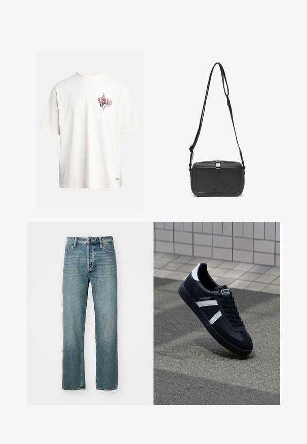 Camiseta de algodón crema con mangas cortas y cuello redondo. Presenta un estampado gráfico en azul y rojo con texto y un motivo.; Jeans de mezclilla azul claro con corte recto, diseño de cinco bolsillos y costuras visibles. Cuenta con un cierre de botón metálico y cremallera.; Zapatilla de cuero negra con rayas blancas, suela de goma texturizada y parte frontal con cordones. Cuenta con una etiqueta de marca en la lengüeta.; Bolso cruzado de piel negra con cierre de cremallera, logotipo embossing en el frente y correa ajustable. Textura suave con forma rectangular.