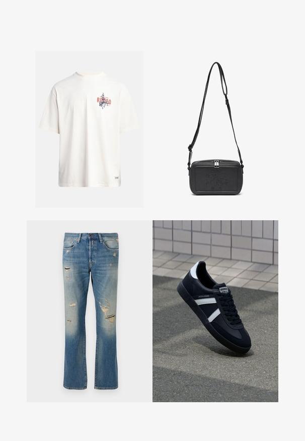 Krēmkrāsas kokvilnas T-krekls ar īsām piedurknēm un apaļu kakla izgriezumu. Ar zilas un sarkanas krāsas grafisku druku, kas ietver tekstu un motīvu.; Gaiši zili džinsi ar brīvu piegriezumu, ar nolietotiem elementiem un saplēstiem pleķiem, standarta piecu kabatu dizains un pogu aizdare.; Melnā ādas sporta apavi ar baltām svītrām, teksturēta gumijas zole un auklu aizdare. Iekļauj zīmola etiķeti uz mēles.; Melna ādas soma uz pleca ar zīmolu, slēdzamu rāvējslēdzēju un regulējamu siksnu. Gluda tekstūra un taisnstūru forma.