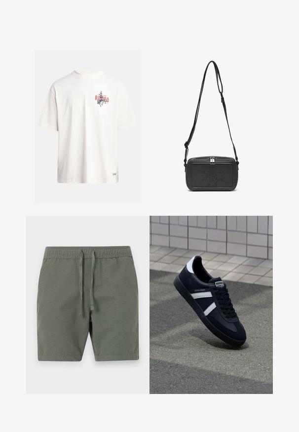 Cream cotton t-shirt with short sleeves and a crew neckline. Features a graphic print in blue and red with text and a motif.; Olive green shorts made of textured fabric, featuring an elastic waistband with adjustable drawstrings and a relaxed fit.; Black leather sneaker with white stripes, textured rubber sole, and lace-up front. Features a branded label on the tongue.; Black leather crossbody bag with a zip closure, embossed logo on the front, and adjustable strap. Smooth texture with a rectangular shape.