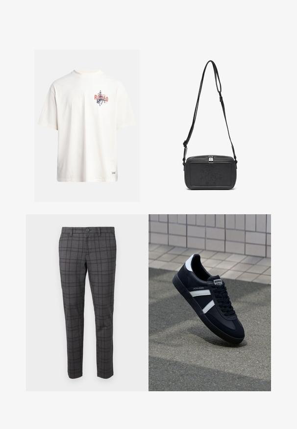 Camiseta de algodón crema con mangas cortas y cuello redondo. Presenta un estampado gráfico en azul y rojo con texto y un motivo.; Pantalones de cuadros grises fabricados con una tela texturizada, que presentan un ajuste slim, presillas para el cinturón y un cierre de un solo botón en la cintura.; Zapatilla de cuero negra con rayas blancas, suela de goma texturizada y parte frontal con cordones. Cuenta con una etiqueta de marca en la lengüeta.; Bolso cruzado de piel negra con cierre de cremallera, logotipo embossing en el frente y correa ajustable. Textura suave con forma rectangular.