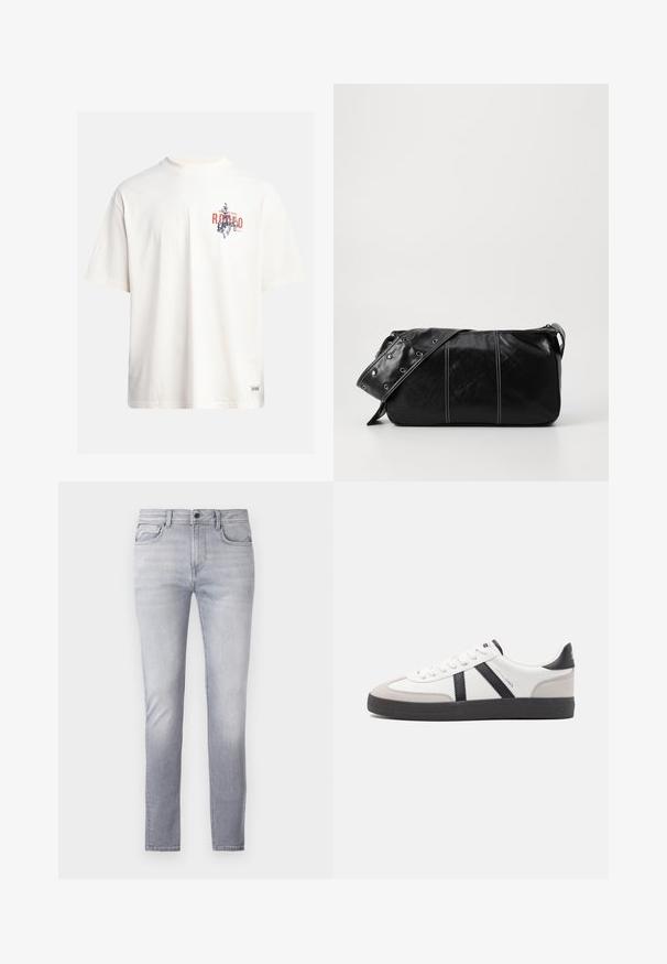 Kerman puuvillane T-särk lühikeste varrukatega ja ümmarguse kaelusega. Omab sinist ja punast graafilist trükist tekstiga ja motiiviga.; Vaaleanharmaat farkut, joissa on suora leikkaus, viisi taskua, napilla ja vetoketjulla suljettavat, sekä lievää kulumista reiden alueella.; Valkoiset lenkkarit mustilla ja harmailla yksityiskohdilla, joissa on teksturoitu harmaa kärki, musta kumipohja ja litteät valkoiset nauhat. Siisti muotoilu, minimalistinen tyyli.; Mustakulmainen nahkainen olkalaukku, jossa on vetoketjukiinnitys, teksturoitu pinta, valkoiset ompeleet ja hihna, jossa on hopeiset niitit.